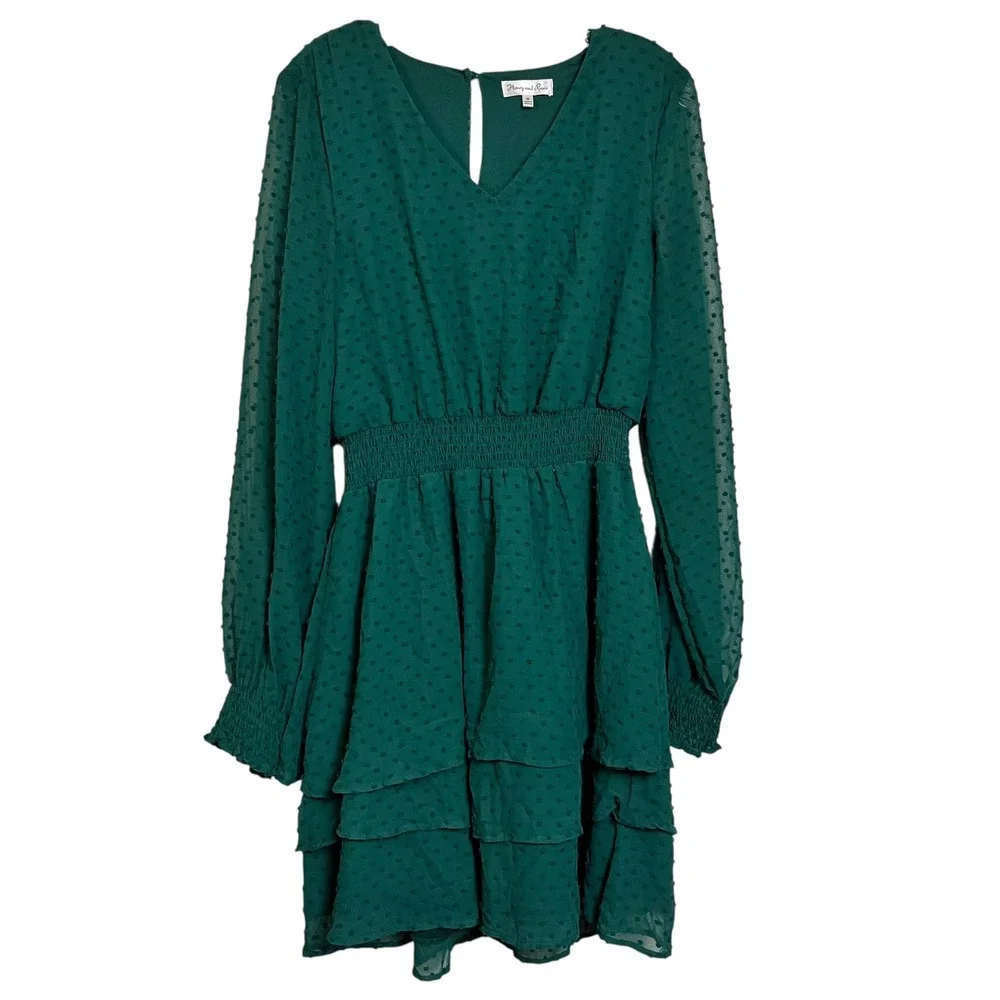 Honey & Rosie Green Swiss Dot Tiered Ruffle Long Sleeve V Neck Dress Size M‎